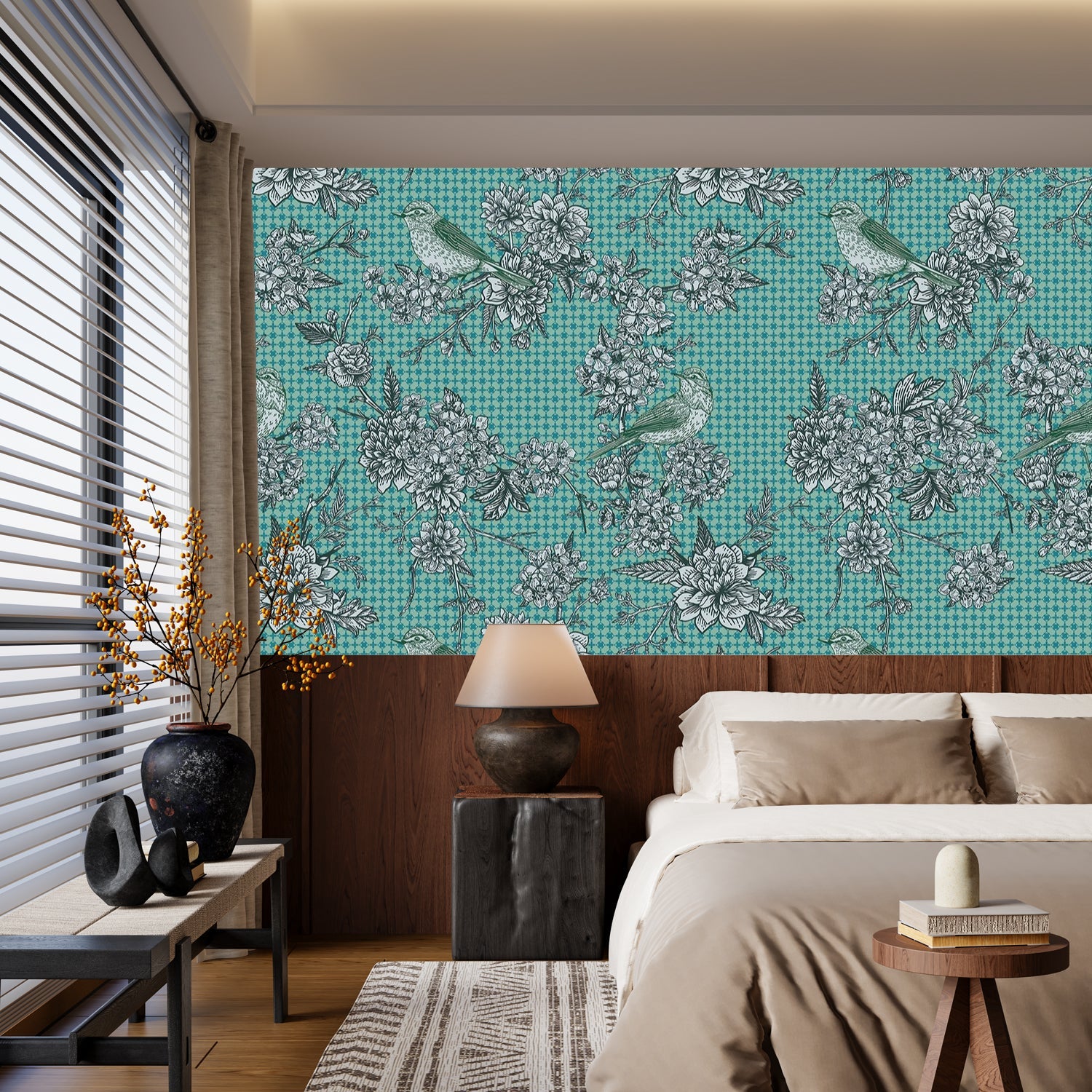 Navy blue floral wallcovering with pink birds perched among delicate beige cherry blossoms - view 7 - final
