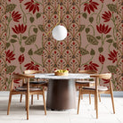 Art nouveau inspired floral pattern with deep red lotus blooms on sage green background - view 10 - final