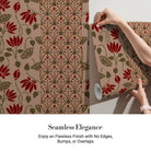 Art nouveau inspired floral pattern with deep red lotus blooms on sage green background - view 14 - final