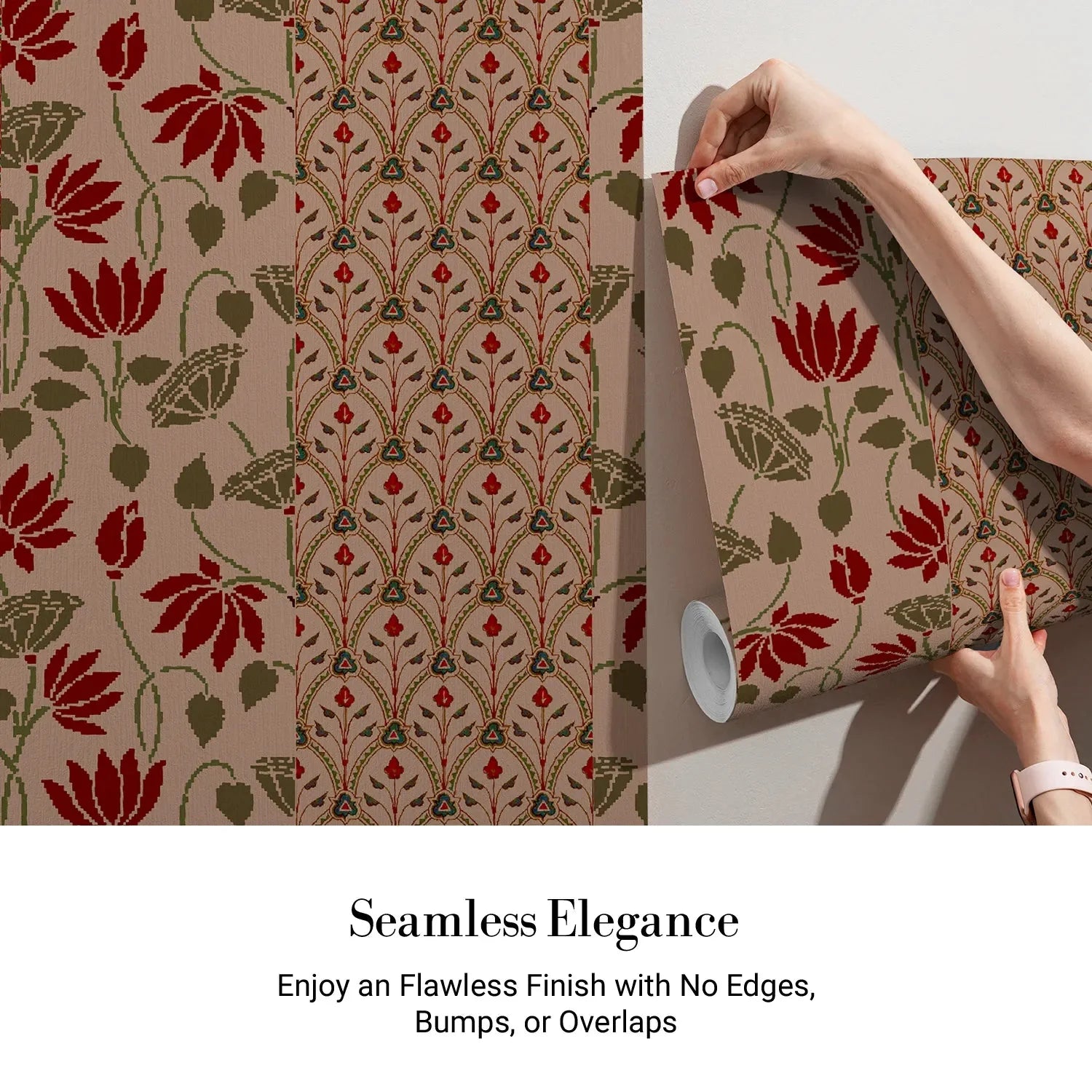 Art nouveau inspired floral pattern with deep red lotus blooms on sage green background - view 14 - final
