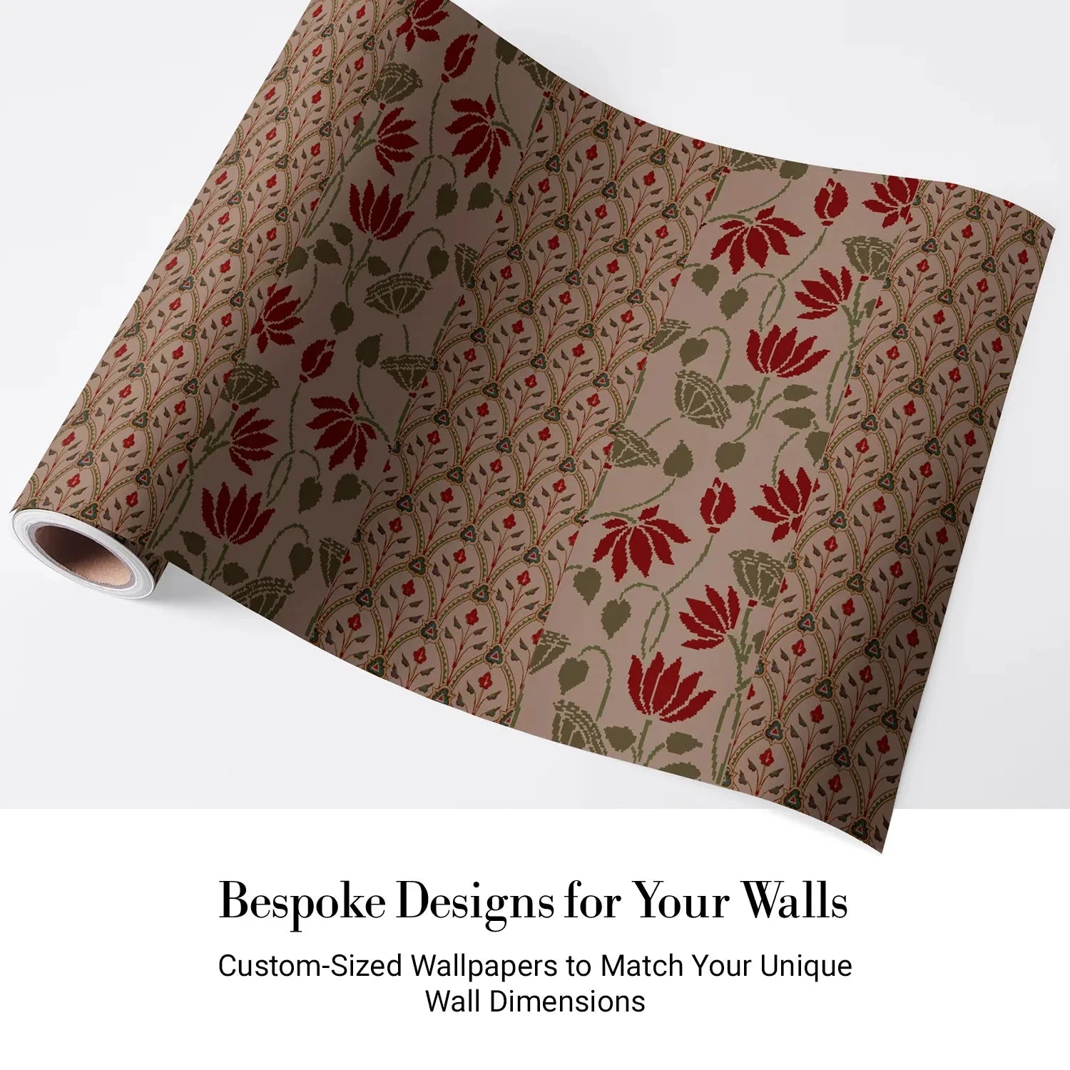 Art nouveau inspired floral pattern with deep red lotus blooms on sage green background - view 16 - final