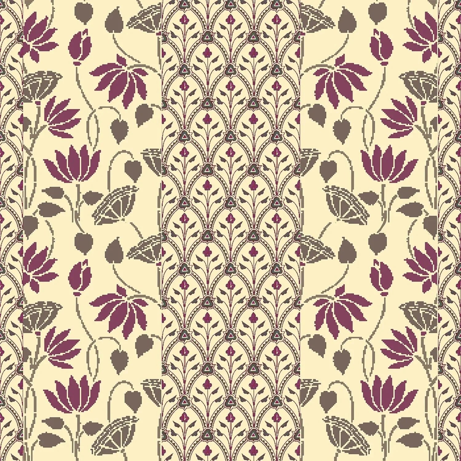 Art nouveau inspired floral pattern with deep red lotus blooms on sage green background - view 19 - final