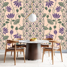 Art nouveau inspired floral pattern with deep red lotus blooms on sage green background - view 6 - final