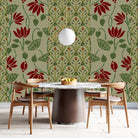 Art nouveau inspired floral pattern with deep red lotus blooms on sage green background - final dining-room