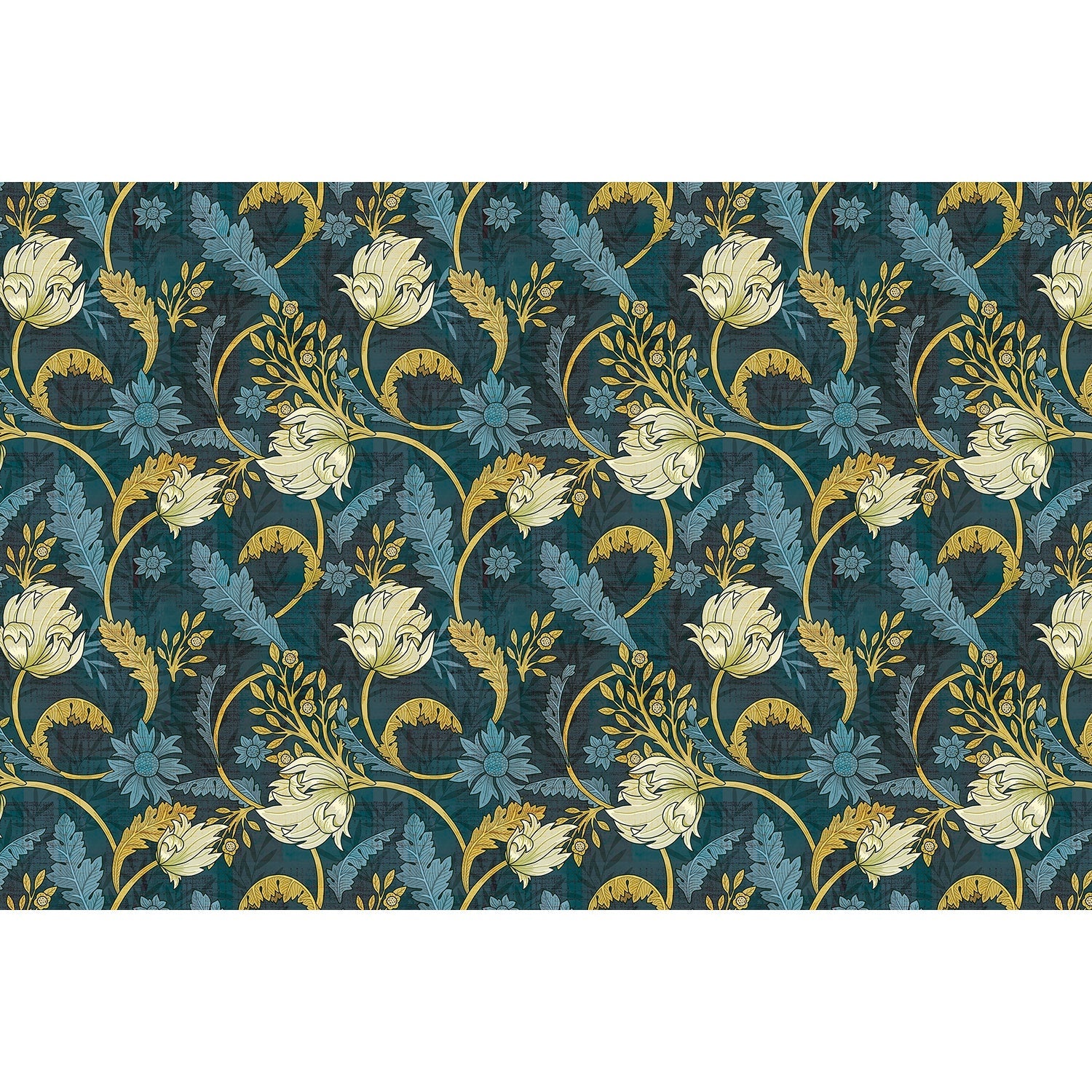 repeat-full-square Art nouveau floral design with sage leaves and copper scrollwork on dark emerald background - view 10 - final