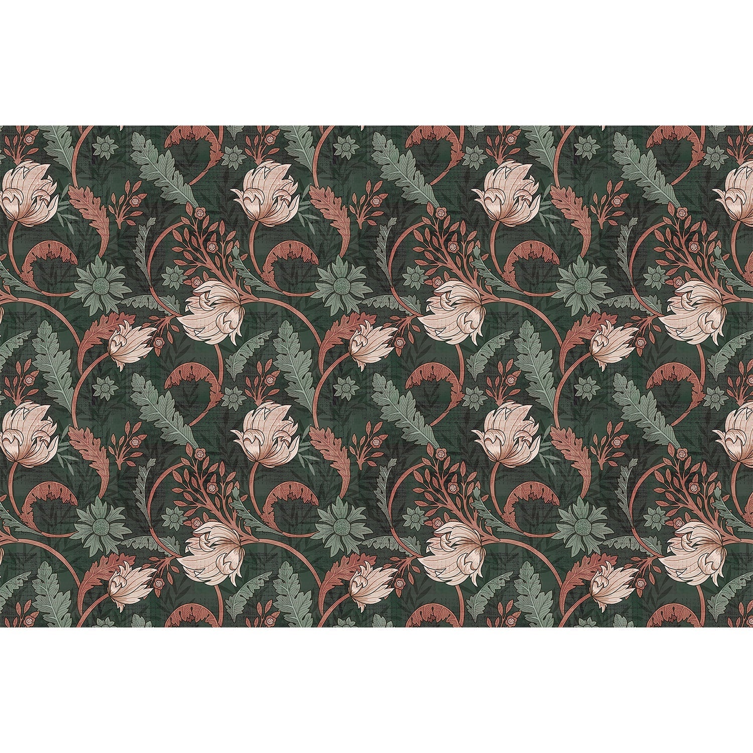 Art nouveau floral design with sage leaves and copper scrollwork on dark emerald background - view 5 - repeat-full-square - final