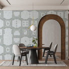 Classic geometric frames with delicate floral details in soft sage green and white tones - final dining-room