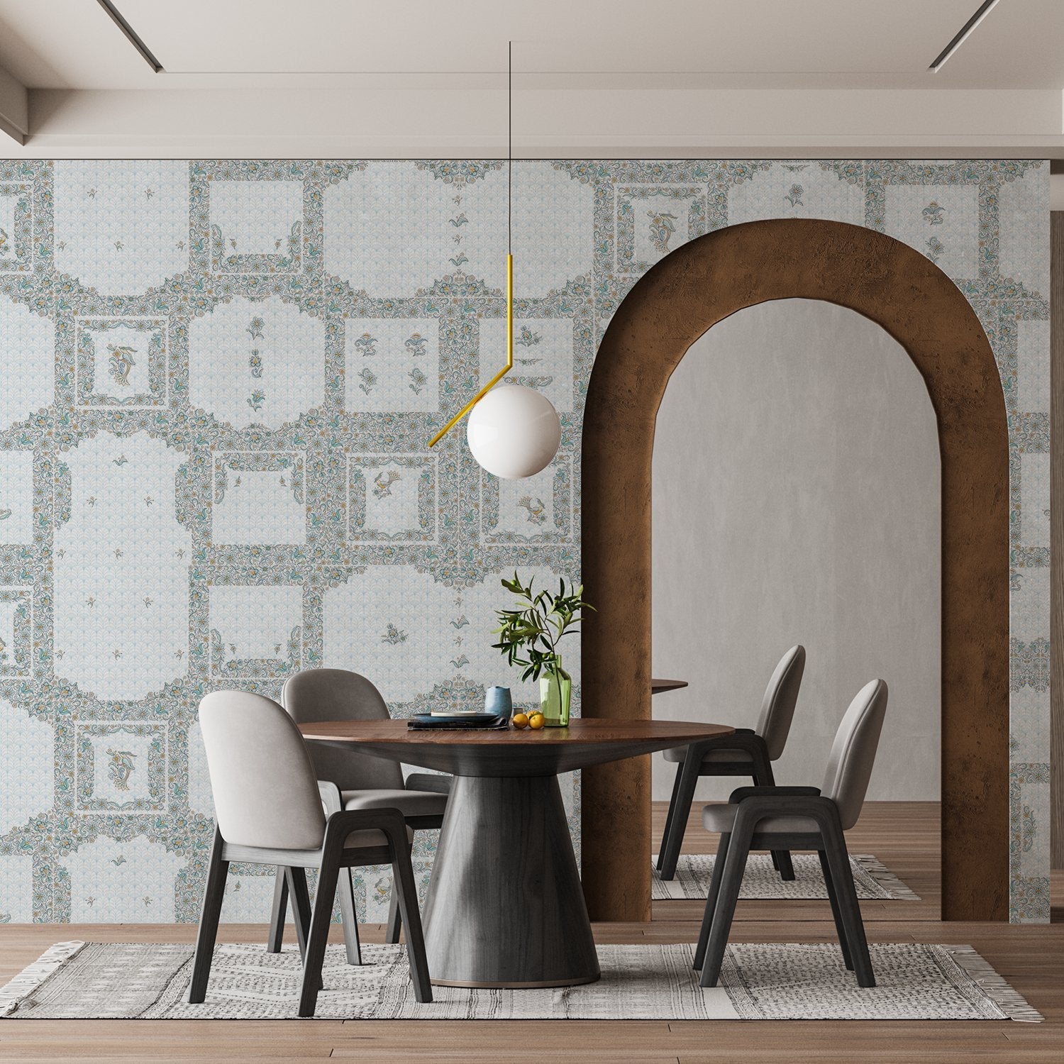 Classic geometric frames with delicate floral details in soft sage green and white tones - final dining-room