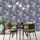 Monochromatic grey and white vintage roses repeating on dusky purple background with elegant flourishes - final dining-room