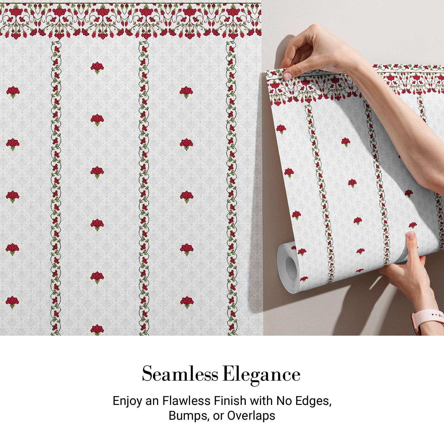 Classic red floral border design with delicate mushroom motifs on white striped background - view 4 - final