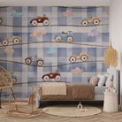 Retro toy racing cars scattered on pink and white gingham check background - view 7 - final