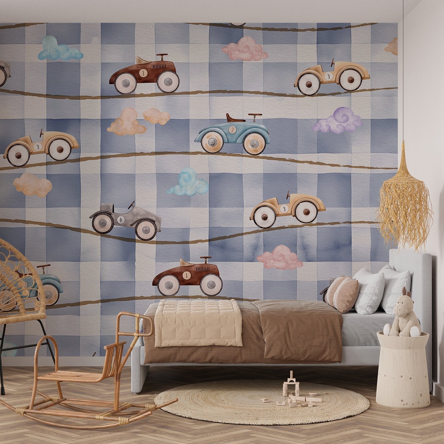 Retro toy racing cars scattered on pink and white gingham check background - view 7 - final