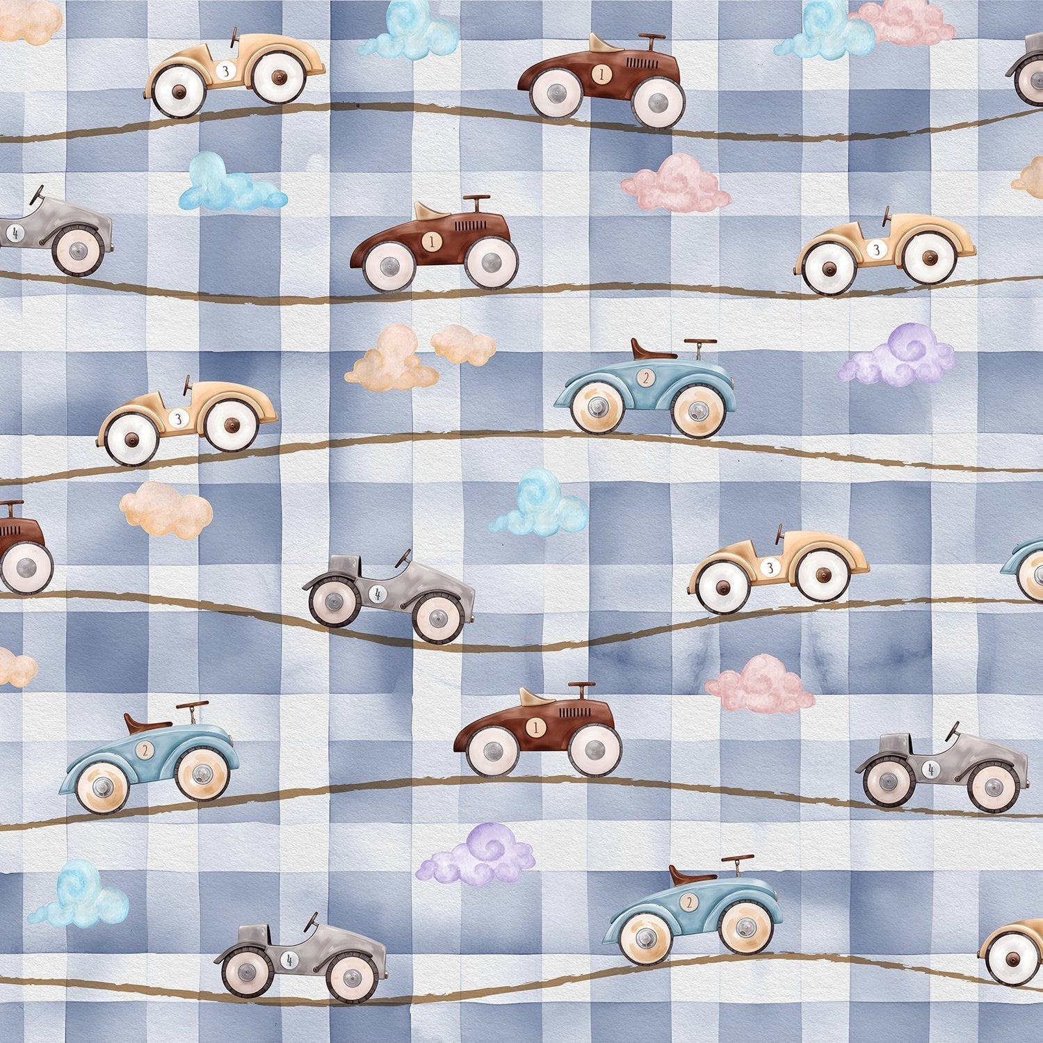 Retro toy racing cars scattered on pink and white gingham check background - view 8 - final