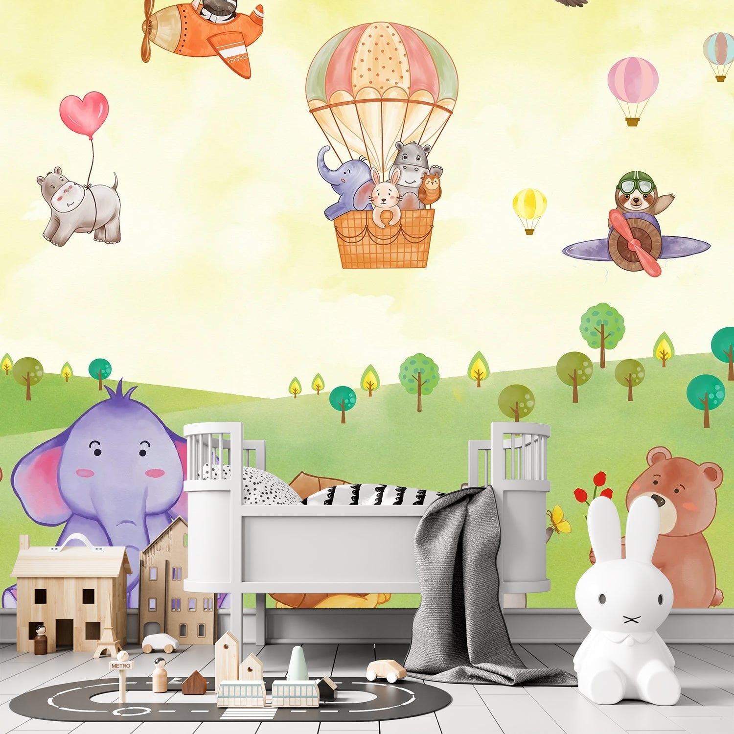 Cartoon animals in hot air balloons and aircraft over green hills with playful scenery - final kids-room