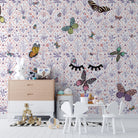 Delicate damask pattern with colorful butterflies and eyelash details on soft mint background - view 12 - final