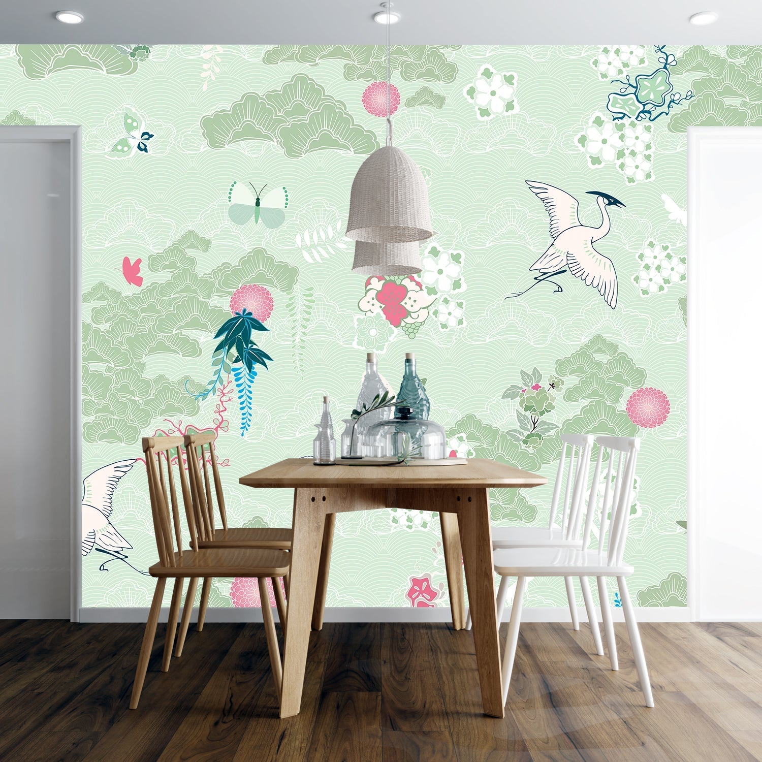 Dreamy blue chinoiserie mural with flying cranes, butterflies and delicate coral florals - view 13 - final