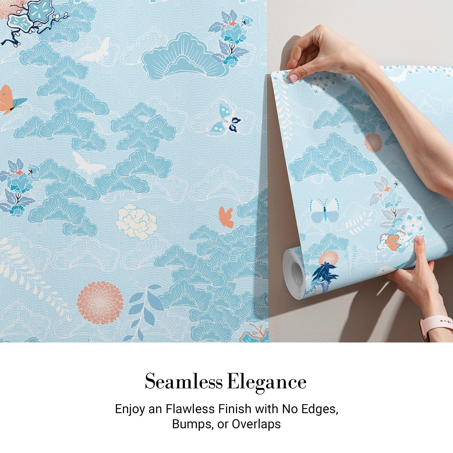 Dreamy blue chinoiserie mural with flying cranes, butterflies and delicate coral florals - view 4 - final