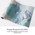 Playful blue whales swimming around turquoise moon with pink clouds in nursery style - view 4 - final