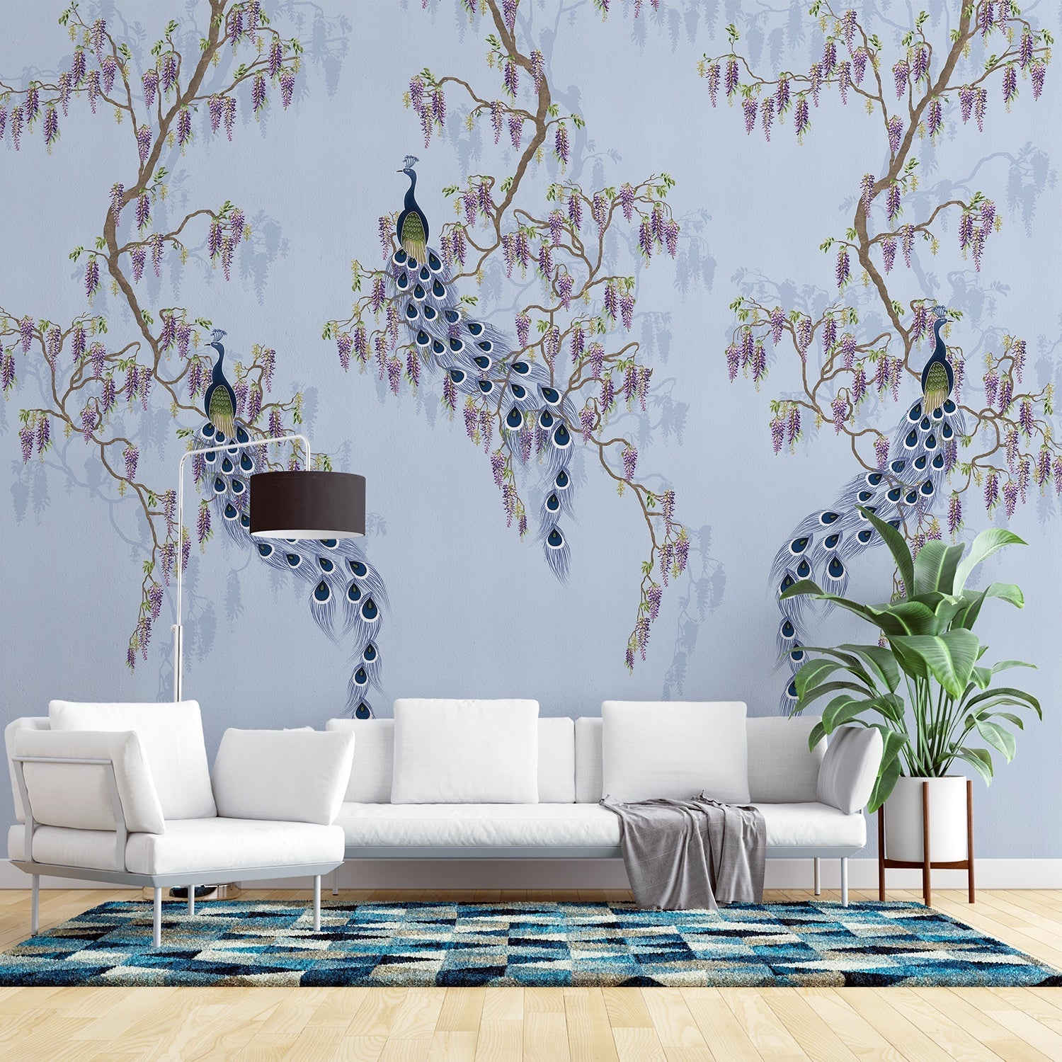 Elegant chinoiserie with purple peacocks and cascading wisteria branches on blush pink background - view 11 - final