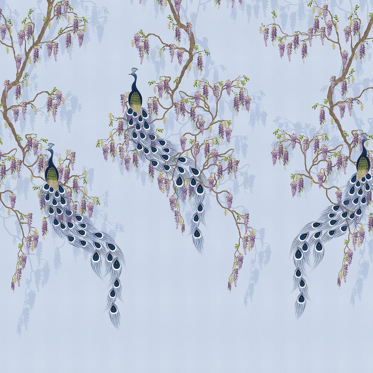 Elegant chinoiserie with purple peacocks and cascading wisteria branches on blush pink background - view 12 - final