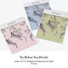 Elegant chinoiserie with purple peacocks and cascading wisteria branches on blush pink background - view 19 - final all-groups samples