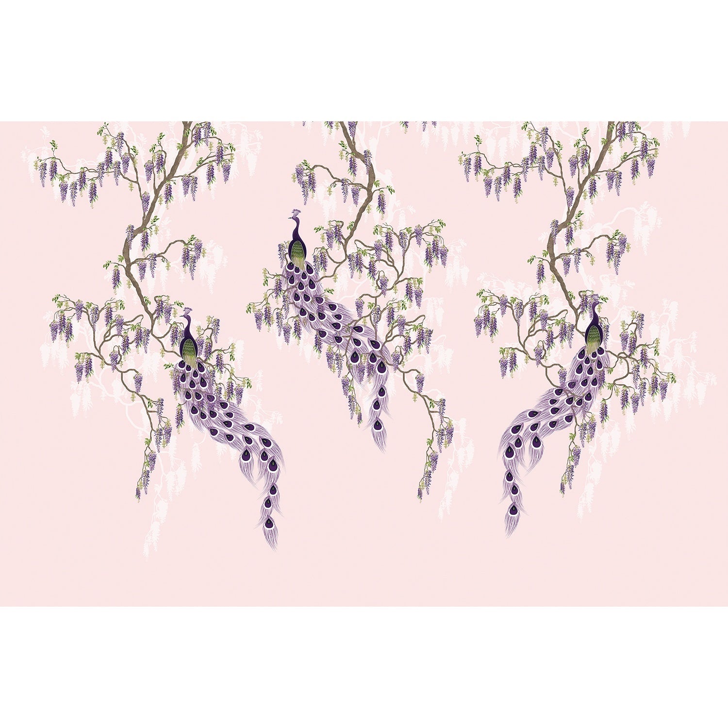 Elegant chinoiserie with purple peacocks and cascading wisteria branches on blush pink background - view 5 - mural-equal - final